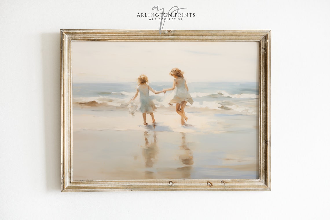 Two Little Girls Running on the Beach Soft Impressionist Art Poster