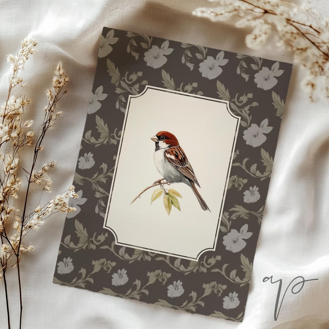 Vintage Sparrow Perched On Twig Dark Floral Background Poster - Image 2