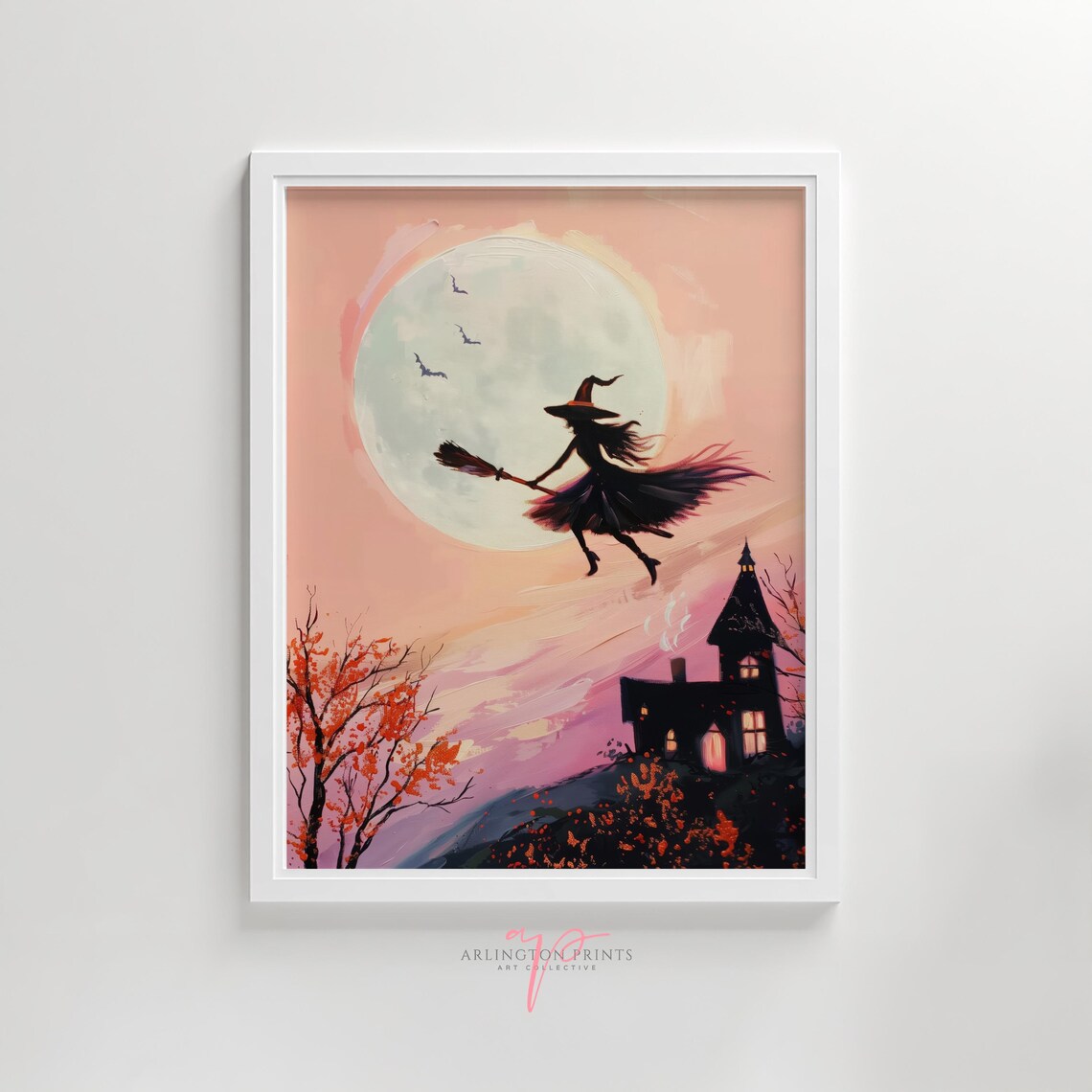 Pink Halloween Witch Flying Moon Pastel Spooky Cute Art Poster