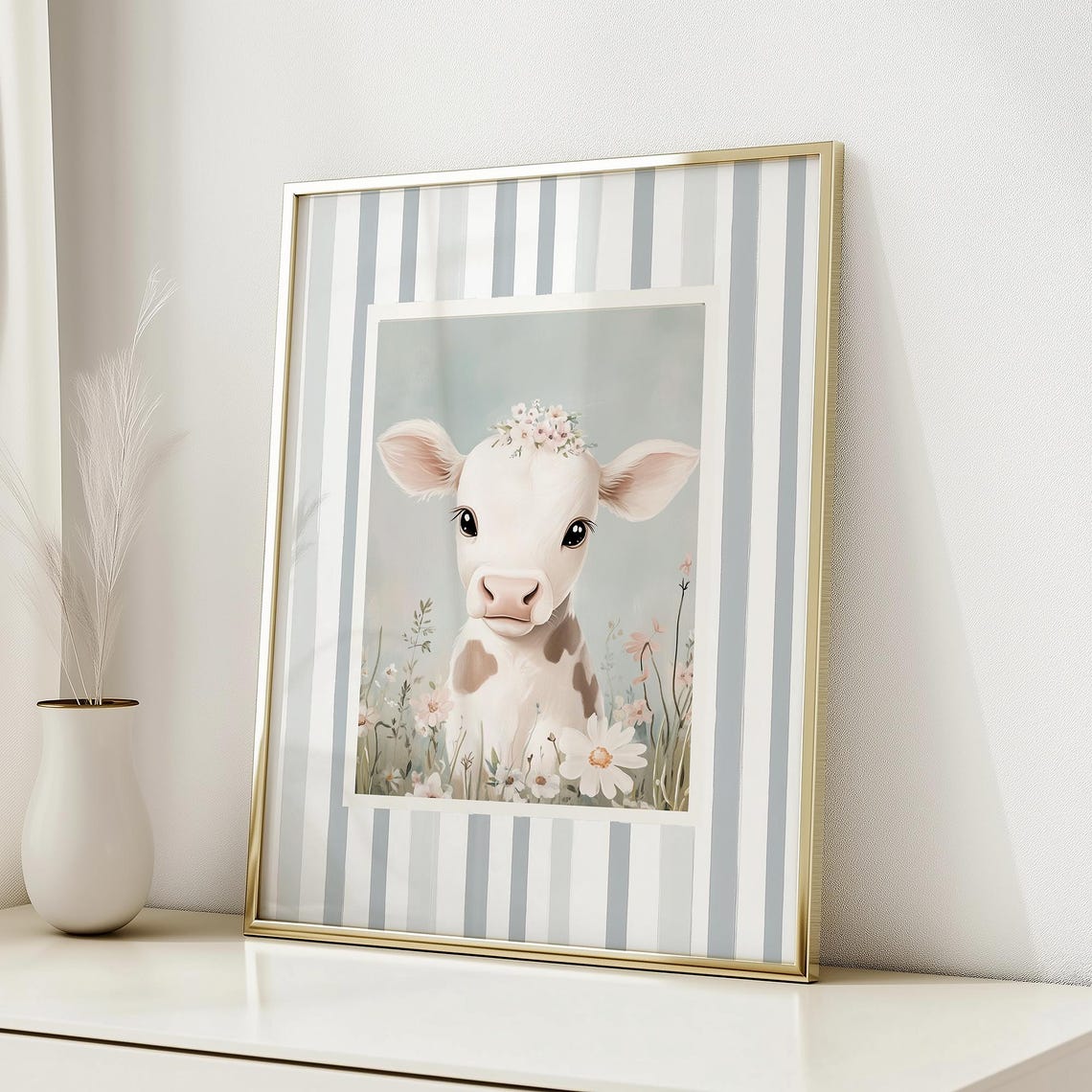 Baby Cow With Flowers Print Spring Rustic Farmhouse Art Grandmillenial Nursery Art Cute Calf Painting Farm Animal Art - Image 5