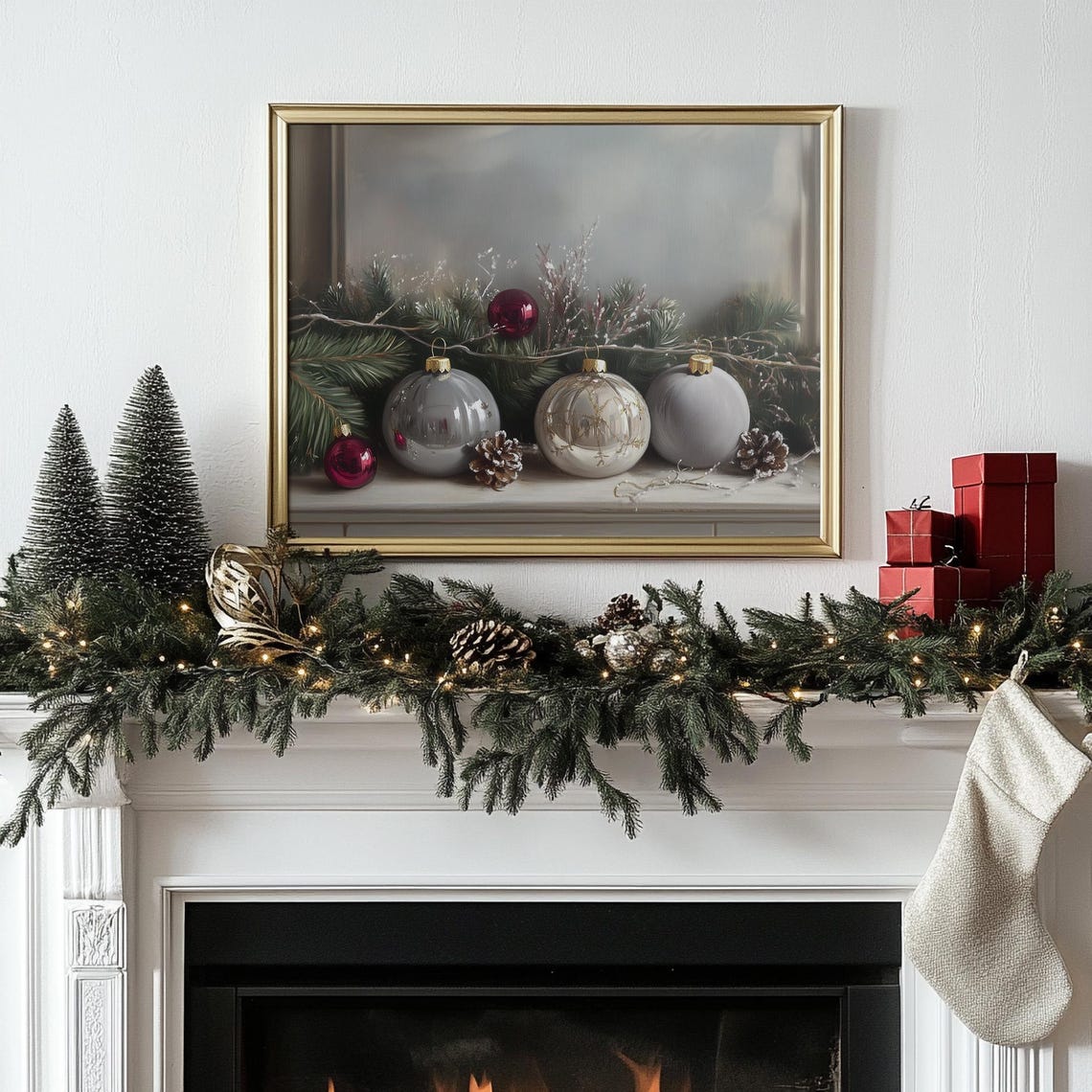 Gray White Christmas Baubles Pine Moody Winter Holiday Wall Print - Image 2