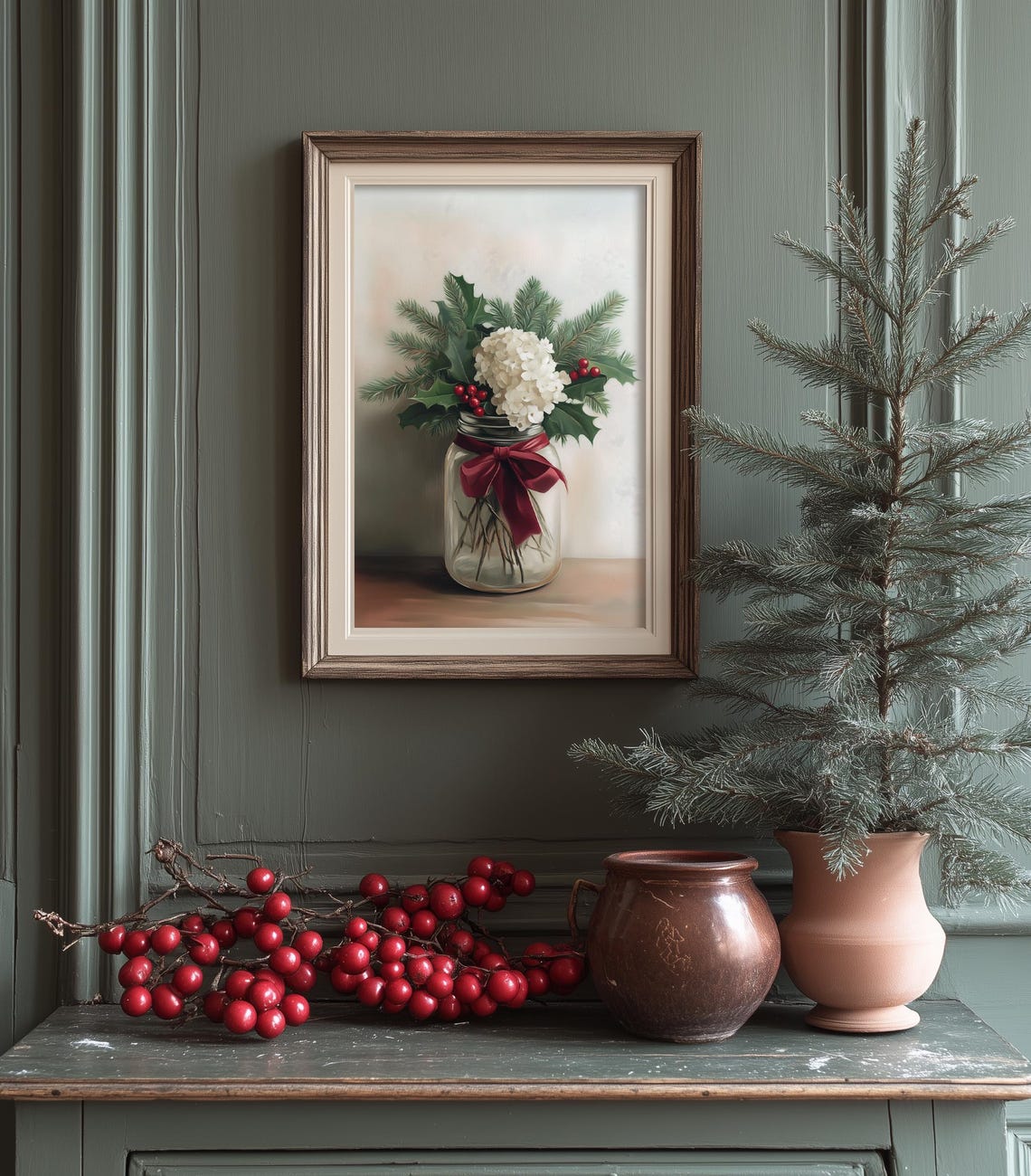 Rustic Mason Jar White Hydrangea Holly Berry Christmas Bouquet Poster - Image 3