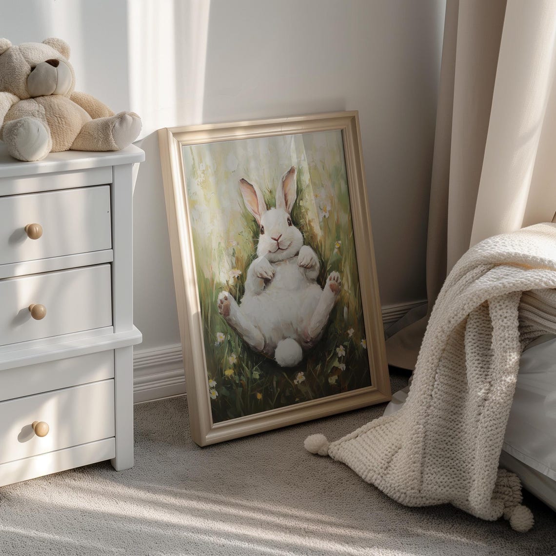Chubby White Bunny Lying Meadow Flowers Playful Nursery Poster - Image 4
