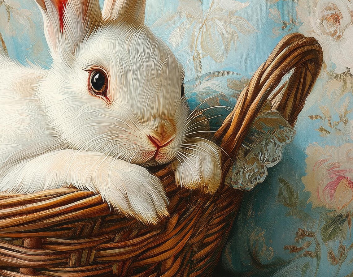 White Easter Bunny Resting in a Wicker Basket on Floral Fabric Poster - Image 4