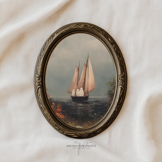 Spooky Sailboat Wall Art Vintage Ship Painting Halloween Nautical 5011