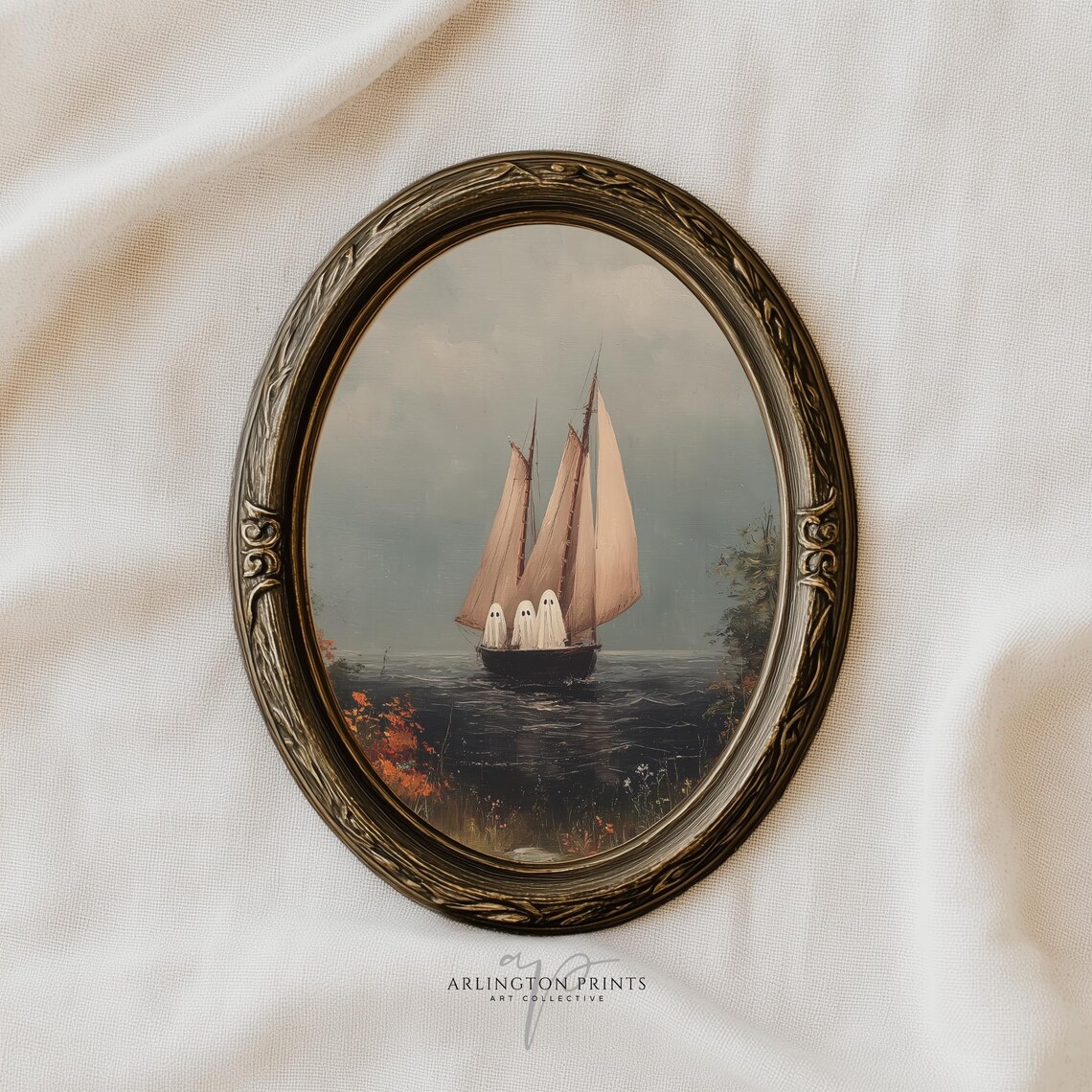Spooky Sailboat Wall Art Vintage Ship Painting Halloween Nautical 5011