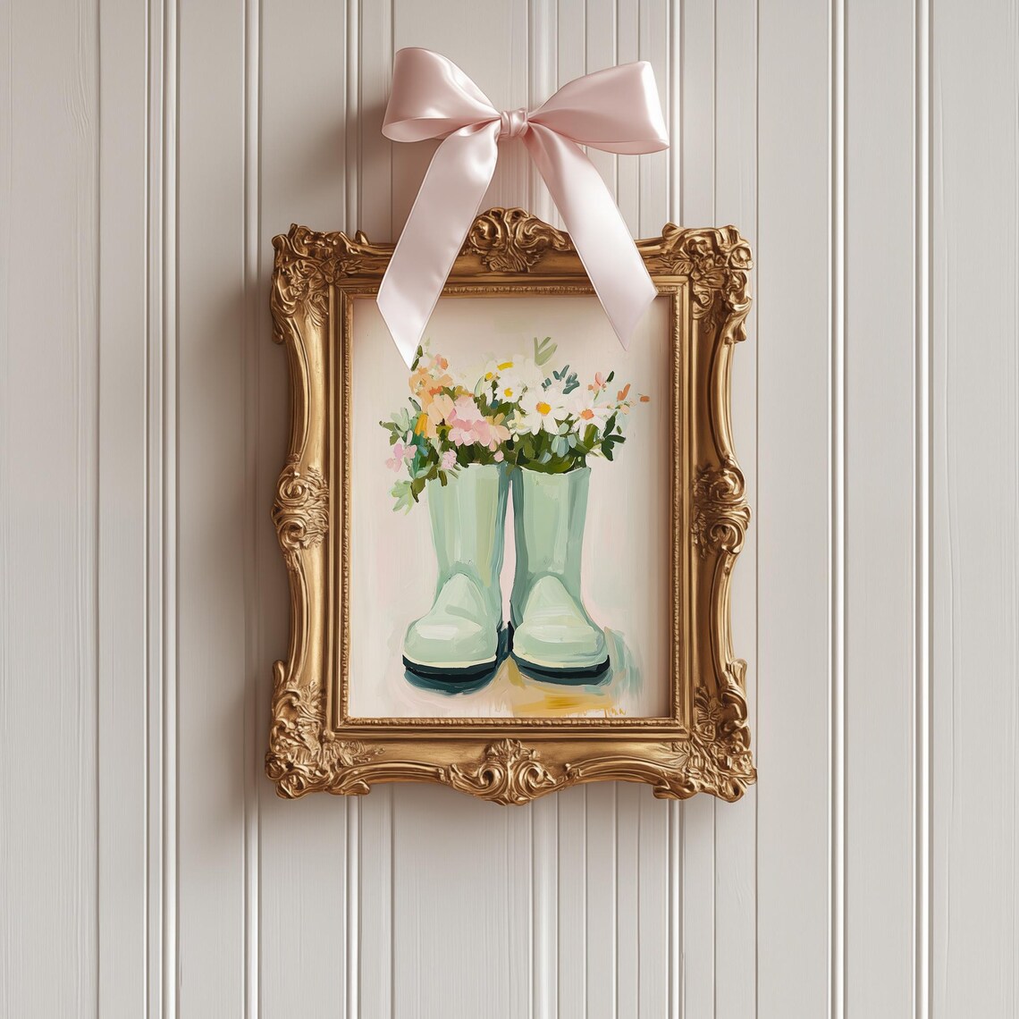 Sage Green Rain Boots Spring Flowers Watercolor Garden Art Print - Image 2