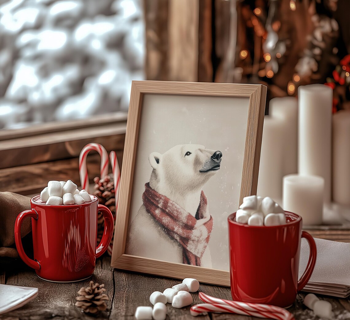 Polar Bear Red Scarf Snowy Portrait White Winter Wildlife Art Poster - Image 3