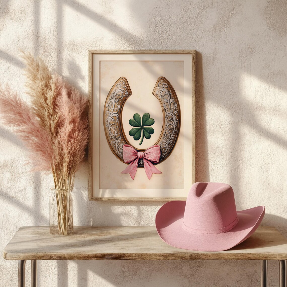 Ornate Gold Horseshoe With Green Clover And Pink Bow Lucky Poster - Image 3