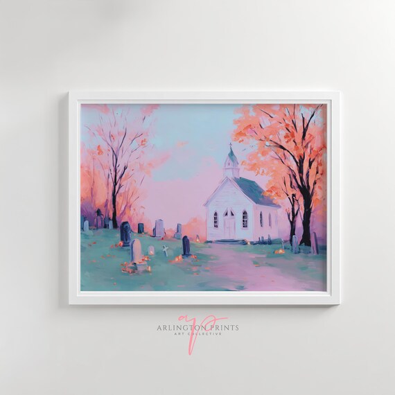 Whimsical Graveyard Pastel Art Pink Halloween Autumn Trees With Old Church Cozy Gothic Fall Wall Decor 6255