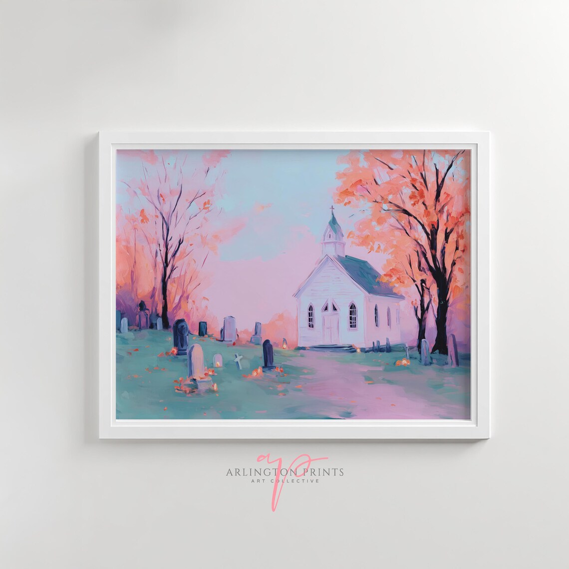 Whimsical Graveyard Pastel Art Pink Halloween Autumn Trees With Old Church Cozy Gothic Fall Wall Decor 6255