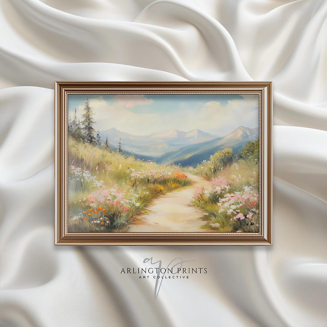 Pastel Spring Mountain Path Wildflowers Landscape Painting Poster - Image 2