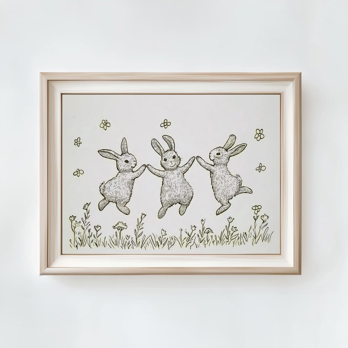 Three Joyful Bunnies Dancing Vintage Ink Sketch Nursery Poster