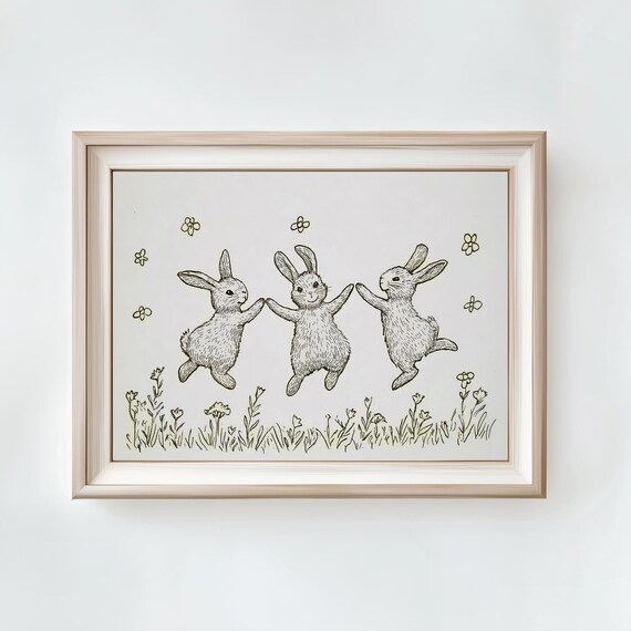 Three Joyful Bunnies Dancing Vintage Ink Sketch Nursery Poster