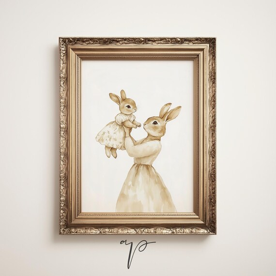Sweet Mom and Baby Rabbit Whimsical Vintage Nursery Room Poster