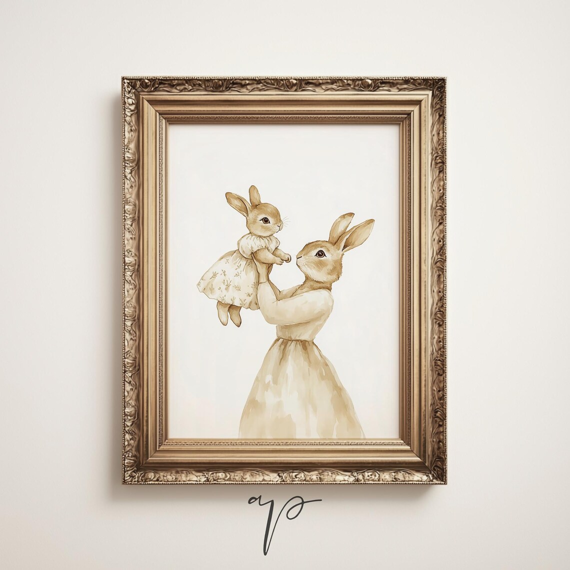 Sweet Mom and Baby Rabbit Whimsical Vintage Nursery Room Poster