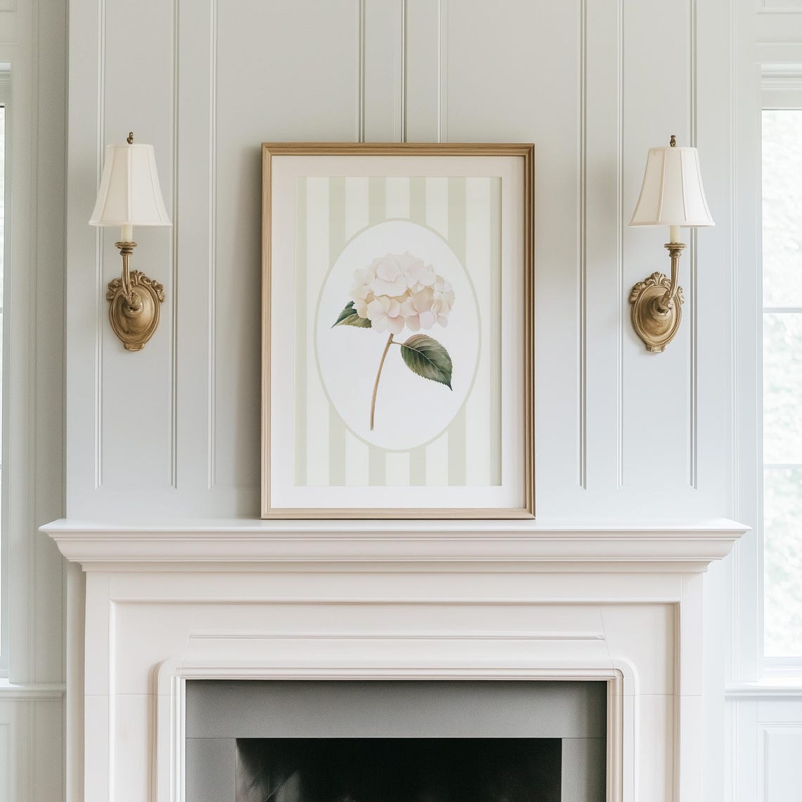 White Hydrangea Bloom on Cream Stripes Botanical Nursery Decor Poster - Image 3
