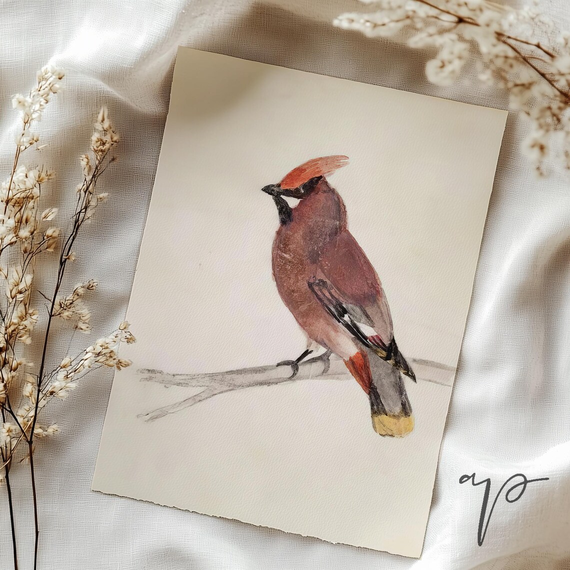 Red Crested Songbird on Bare Branch Neutral Watercolor Art Poster - Image 4