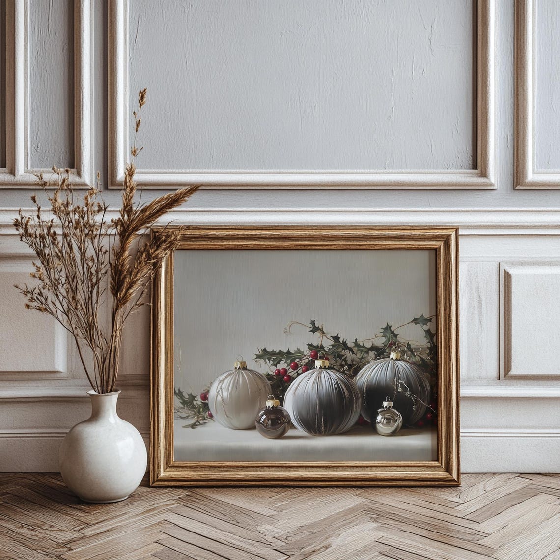 Gray Silver Christmas Baubles Holly Moody Elegant Holiday Wall Print - Image 4