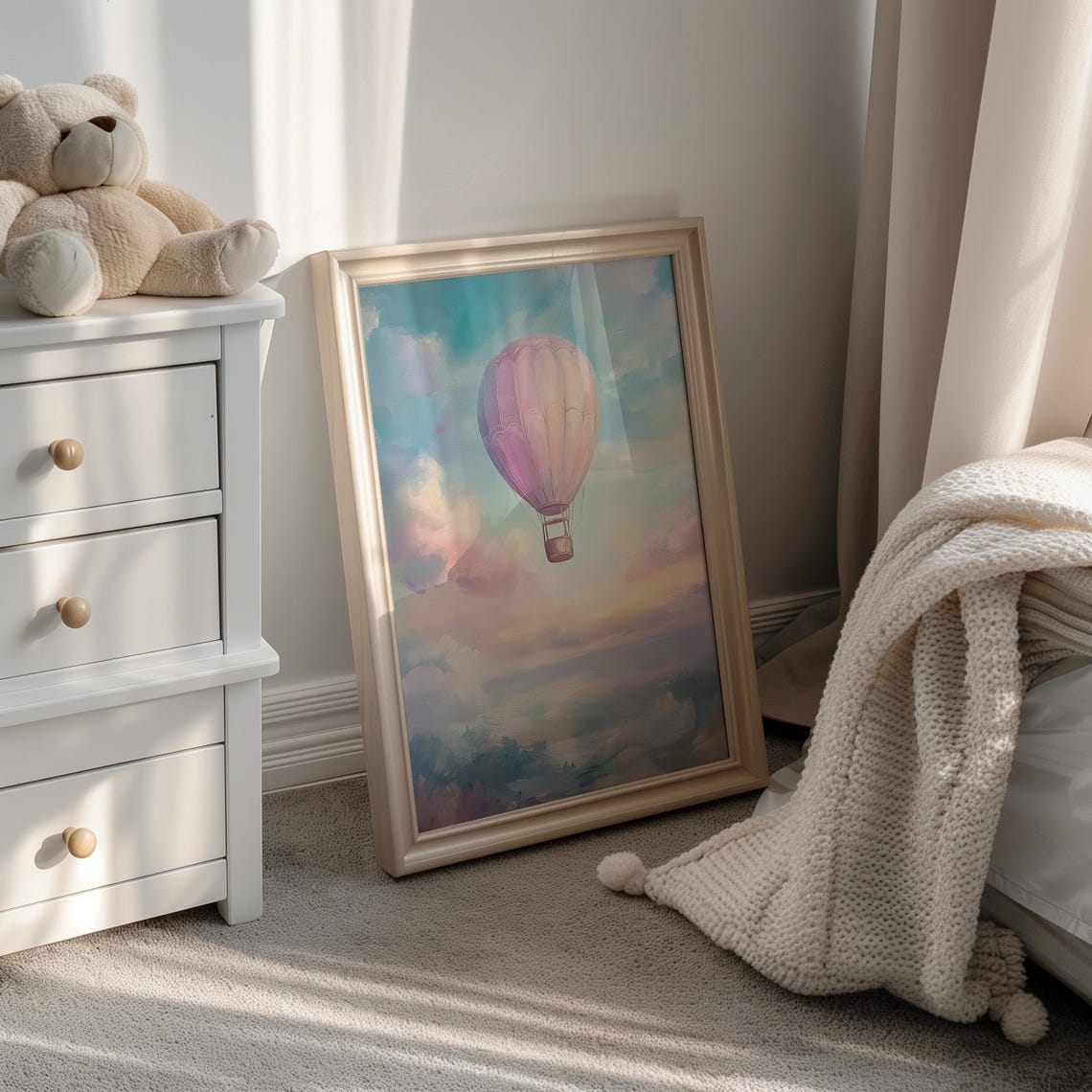 Pastel Pink Hot Air Balloon Poster Whimsical Nursery Art Pink Blue Kids Room Painting Girls Nursery Playroom Art - Image 3
