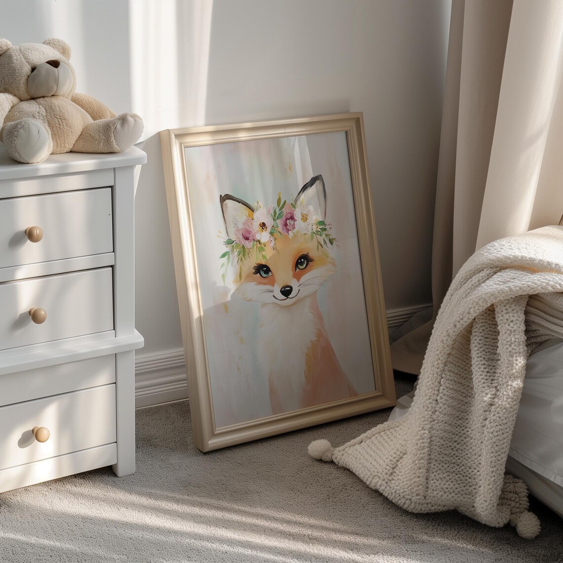 Baby Fox Flower Crown Watercolor Cute Woodland Nursery Print - Image 5