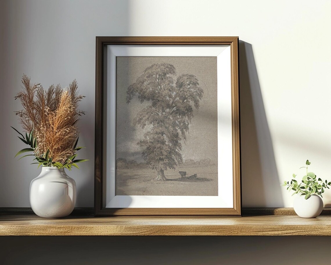 Country Tree Sketch Cows in the Shade Vintage Pencil Drawing Poster - Image 2