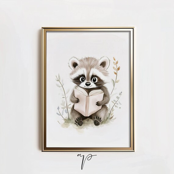 Baby Raccoon Reading Book Cute Woodland Animal Nursery Art Poster