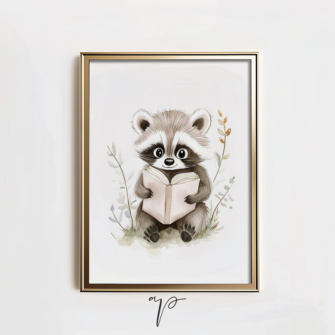 Baby Raccoon Reading Book Cute Woodland Animal Nursery Art Poster