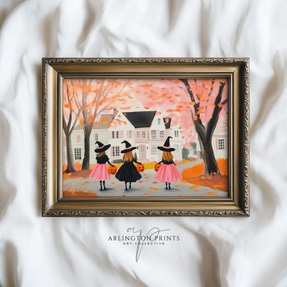 Pink Halloween Witches Wall Art Cute Girls Trick Or Treating Painting Colorful Nursery Fall Decor Autumn Room S53