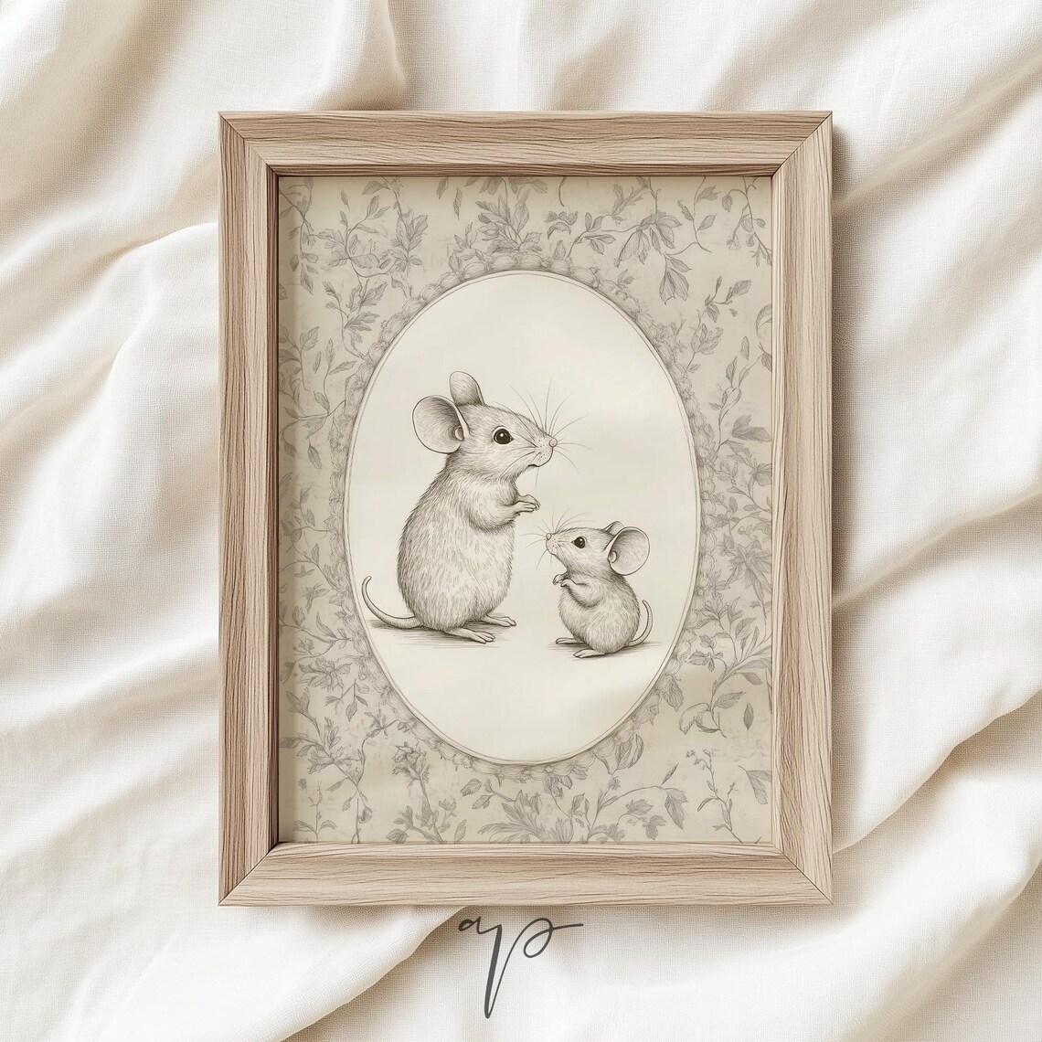 Vintage Pencil Sketch Of Two Mice On Floral Toile Nursery Poster - Image 2
