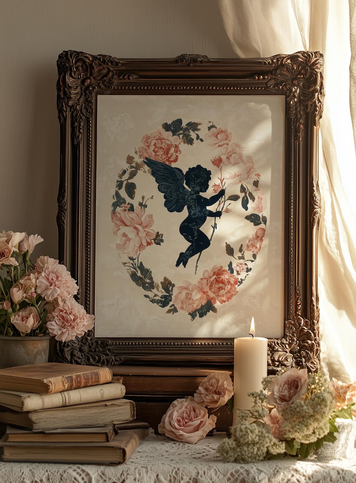 Dark Cherub Silhouette in Coral Rose Wreath Romantic Vintage Print - Image 3