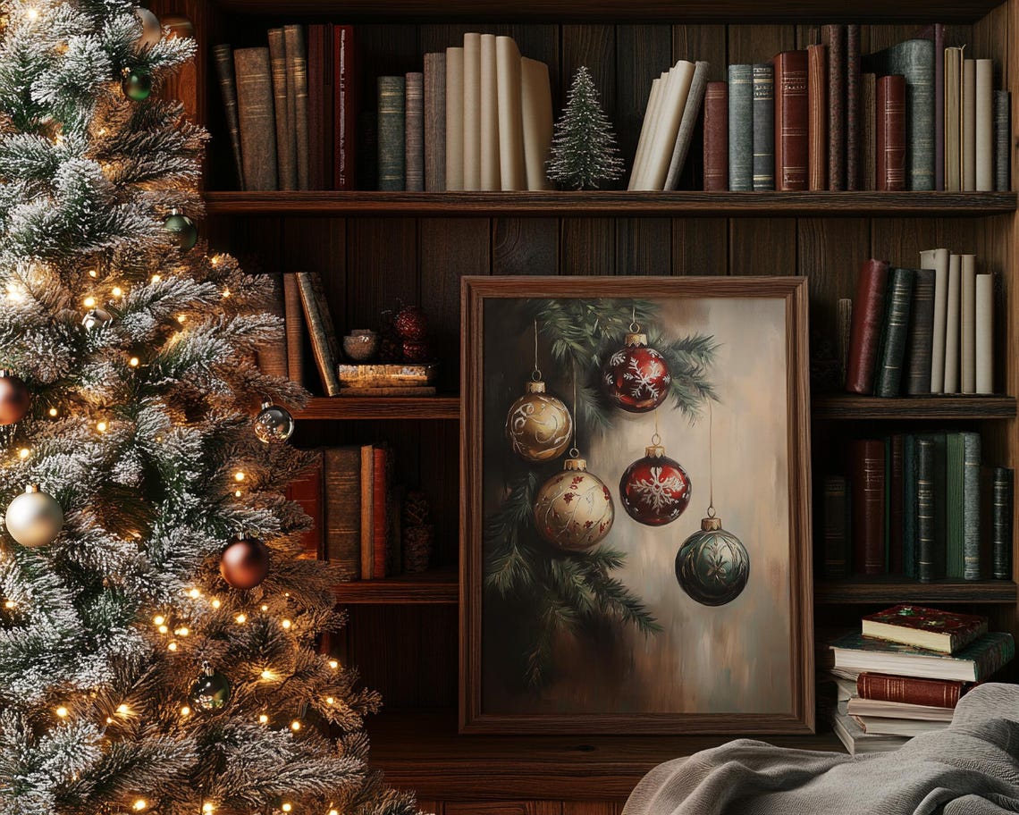 Vintage Christmas Baubles Hanging Pine Branch Holiday Wall Print - Image 2