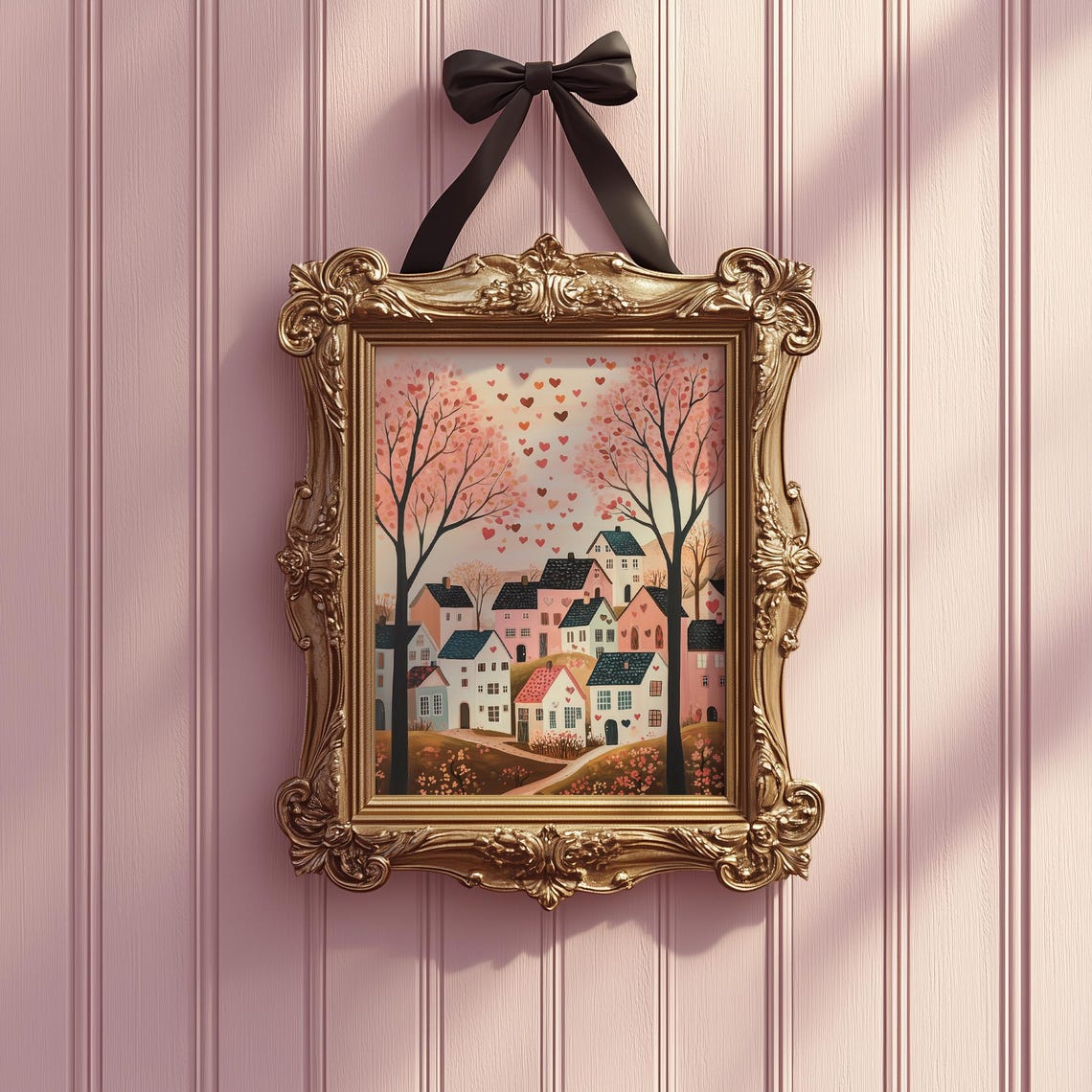 Pink Valentine Village With Floating Hearts Whimsical Poster - Image 4