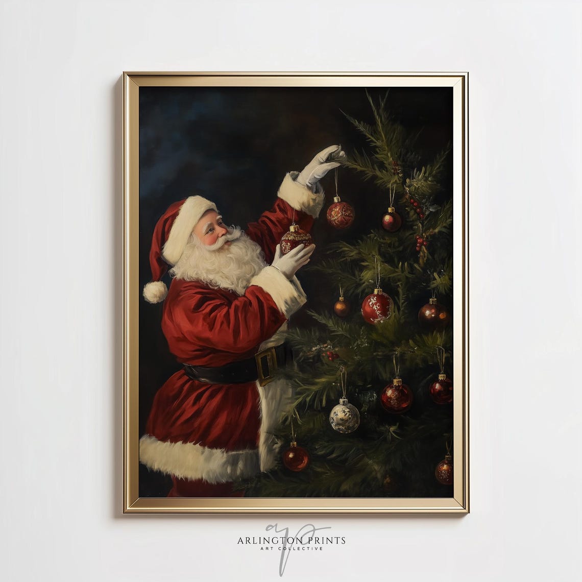 Santa Decorating Christmas Tree Dark Vintage Painting Poster