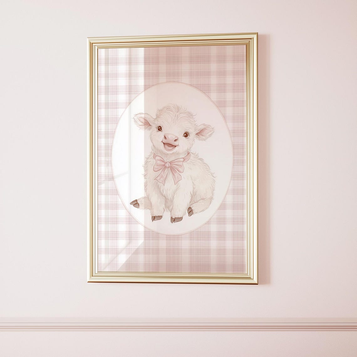 Baby Highland Cow Calf Pink Bow Gingham Nursery Animal Print - Image 3