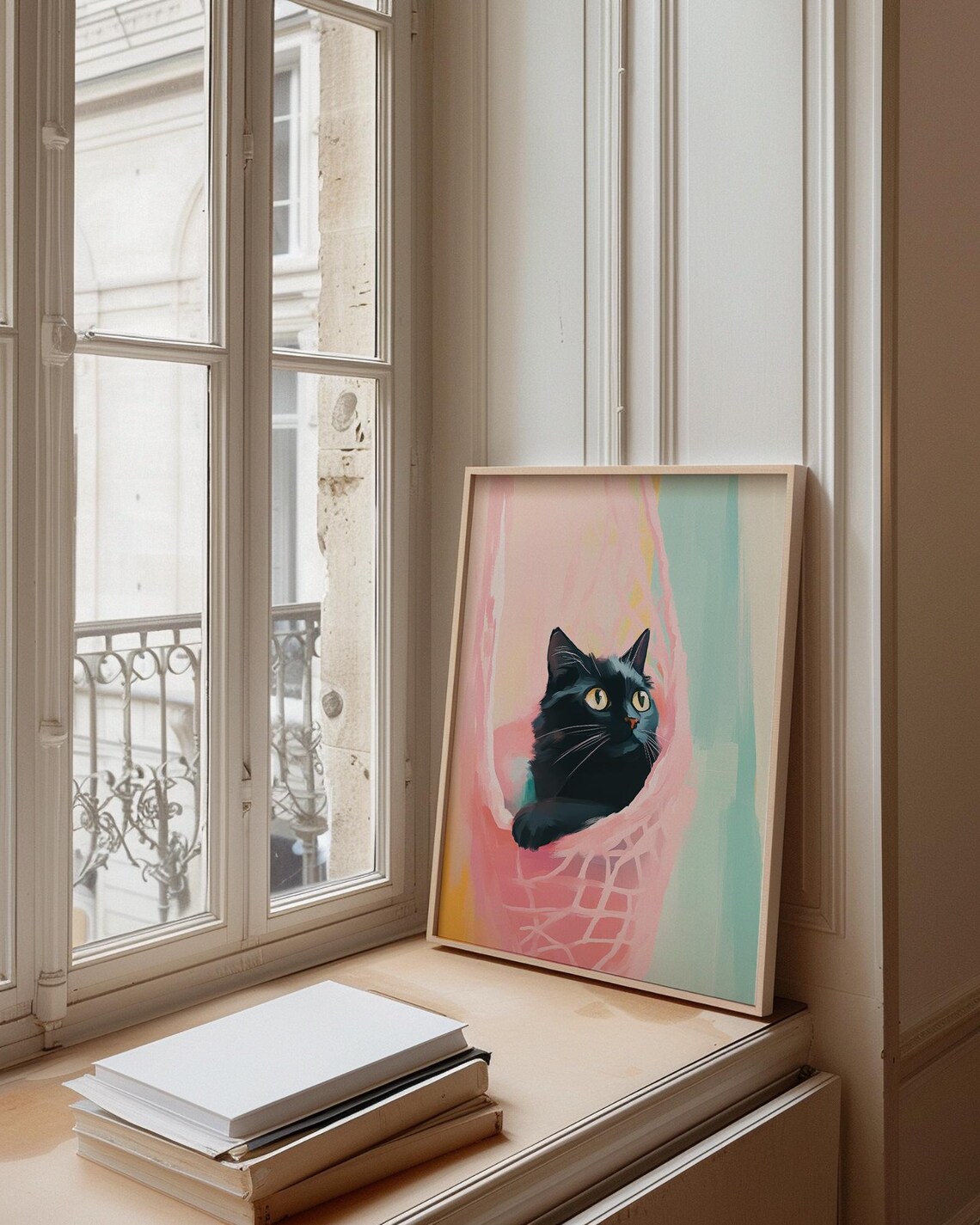 Black Kitten In Pink Hammock Colorful Whimsical Cat Art Poster - Image 5