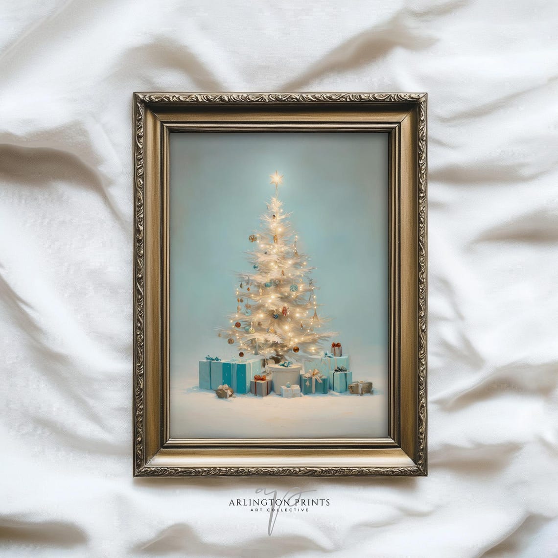 Pastel White Christmas Tree With Blue Gifts Cozy Holiday Poster