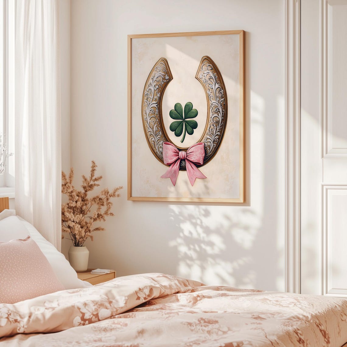 Ornate Gold Horseshoe With Green Clover And Pink Bow Lucky Poster - Image 2