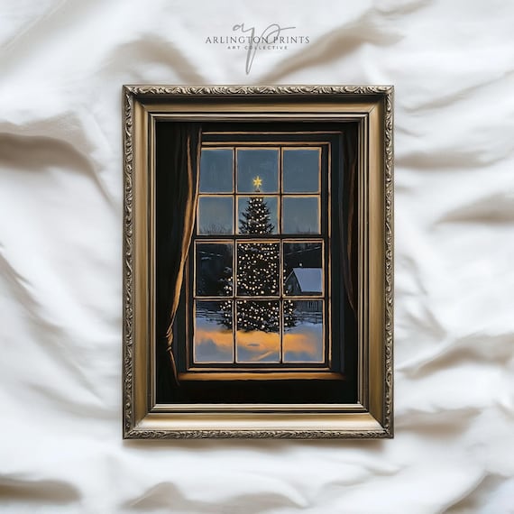 Cozy Winter Window View Christmas Tree Snowy Night Holiday Print