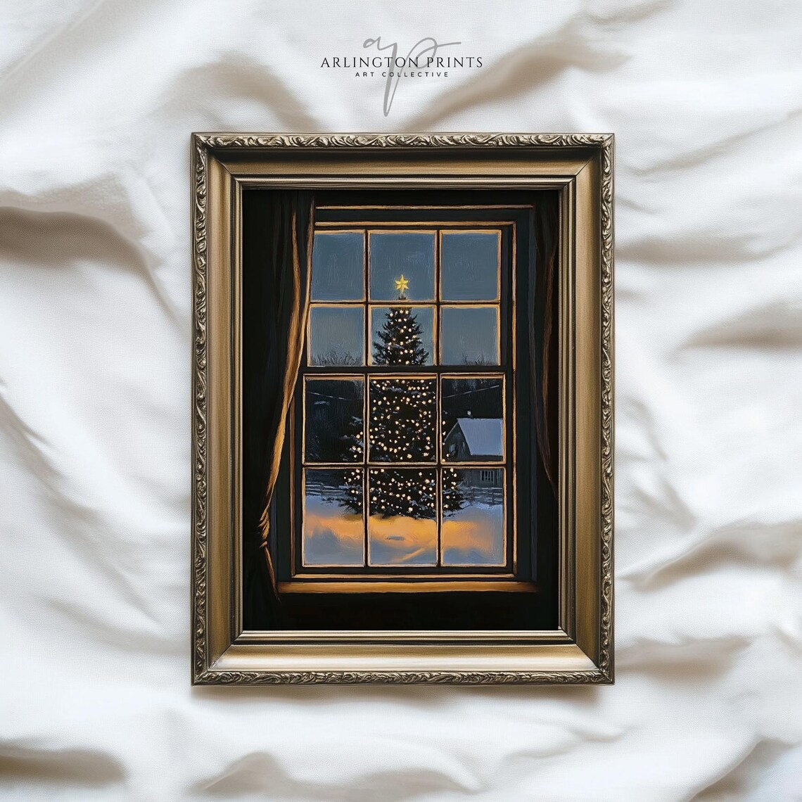 Cozy Winter Window View Christmas Tree Snowy Night Holiday Print