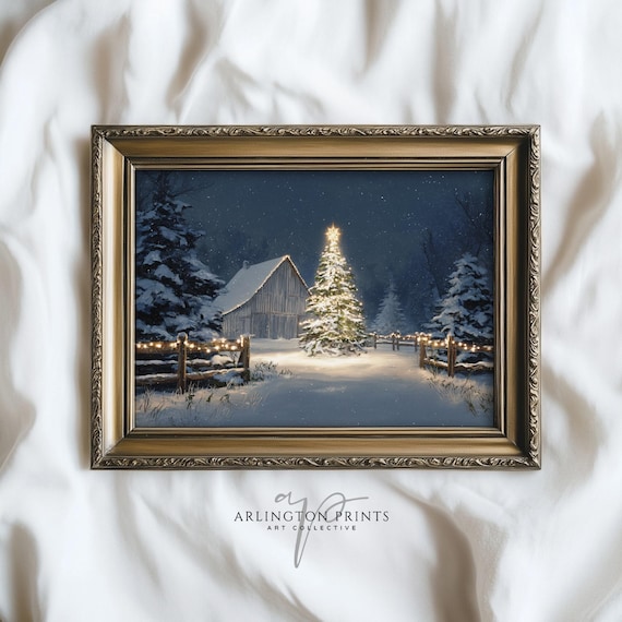 Snowy Barn Christmas Tree Night Lights Vintage Winter Scene Poster