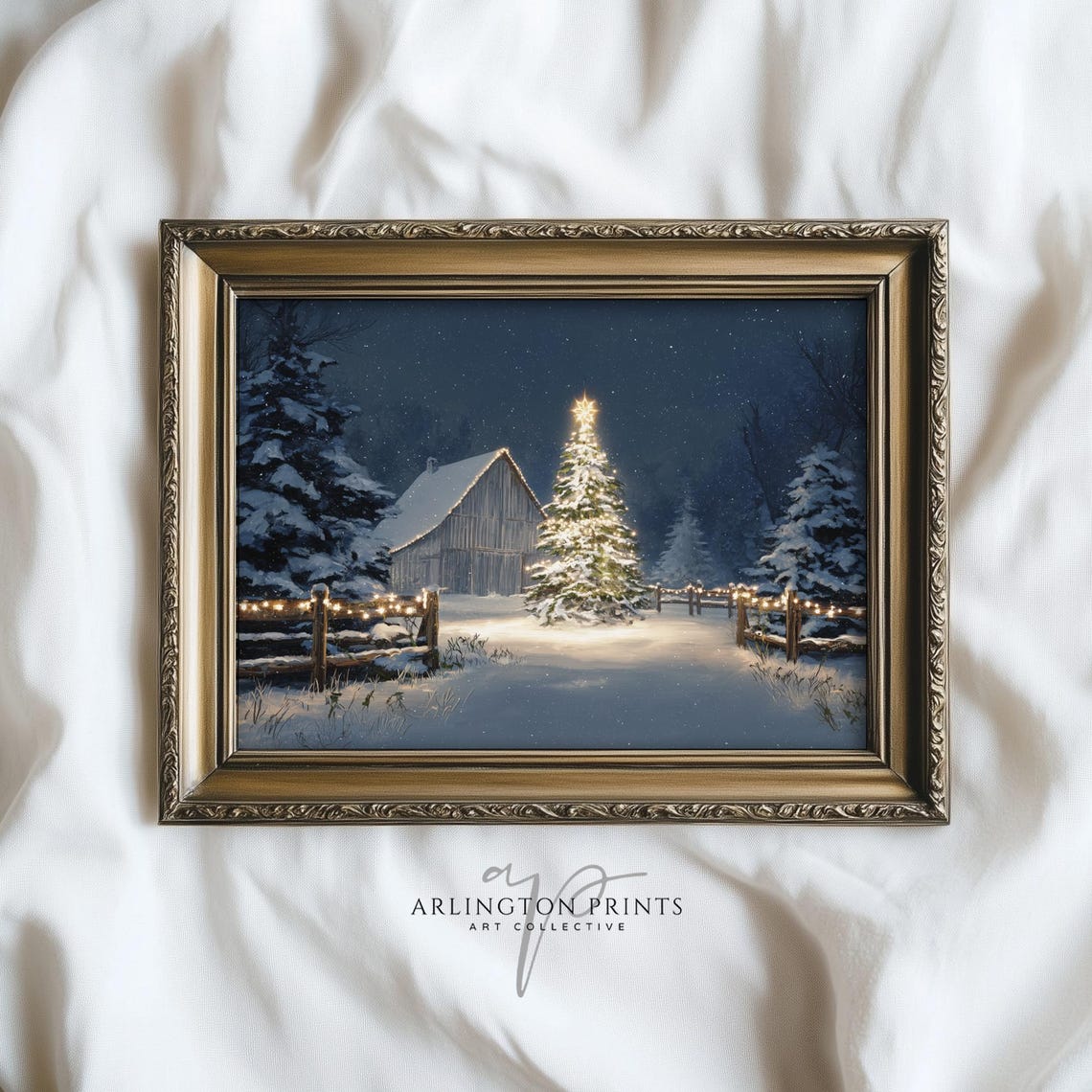 Snowy Barn Christmas Tree Night Lights Vintage Winter Scene Poster