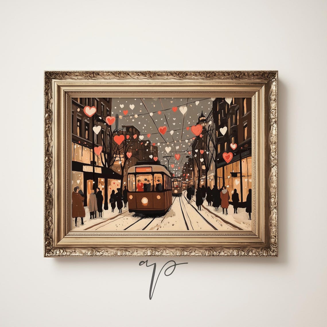 Vintage Tram City Street Floating Hearts Winter Evening Poster