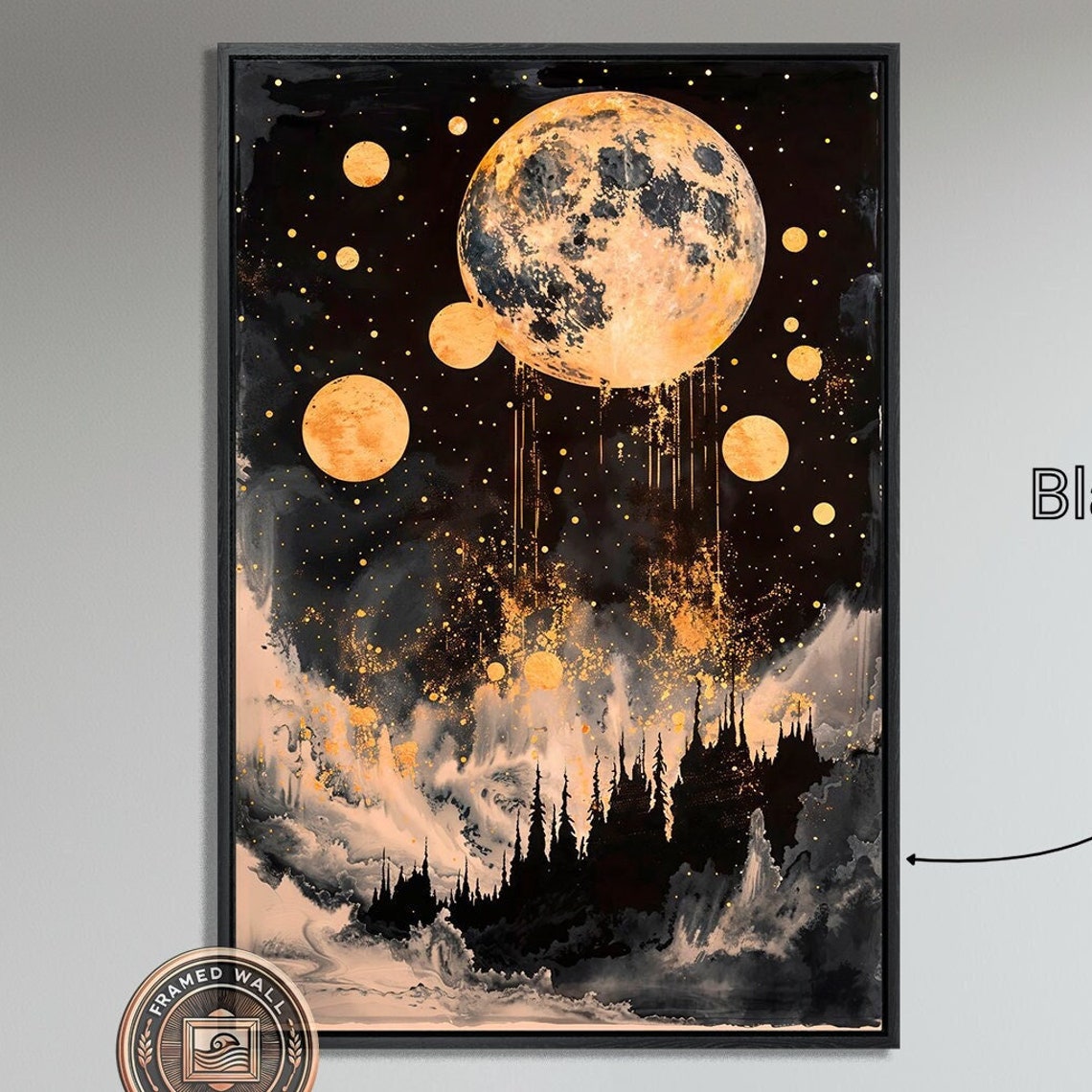 Golden Dripping Moons Over Dark Forest Silhouette Night Poster