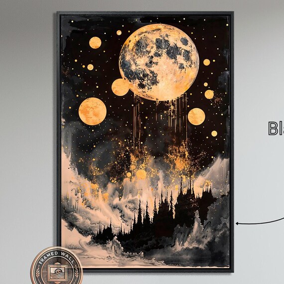 Golden Moon And Stars Over Dark Forest Framed Wall Art Celestial Night Sky Painting Print Abstract Landscape Wall Decor Ready To Hang