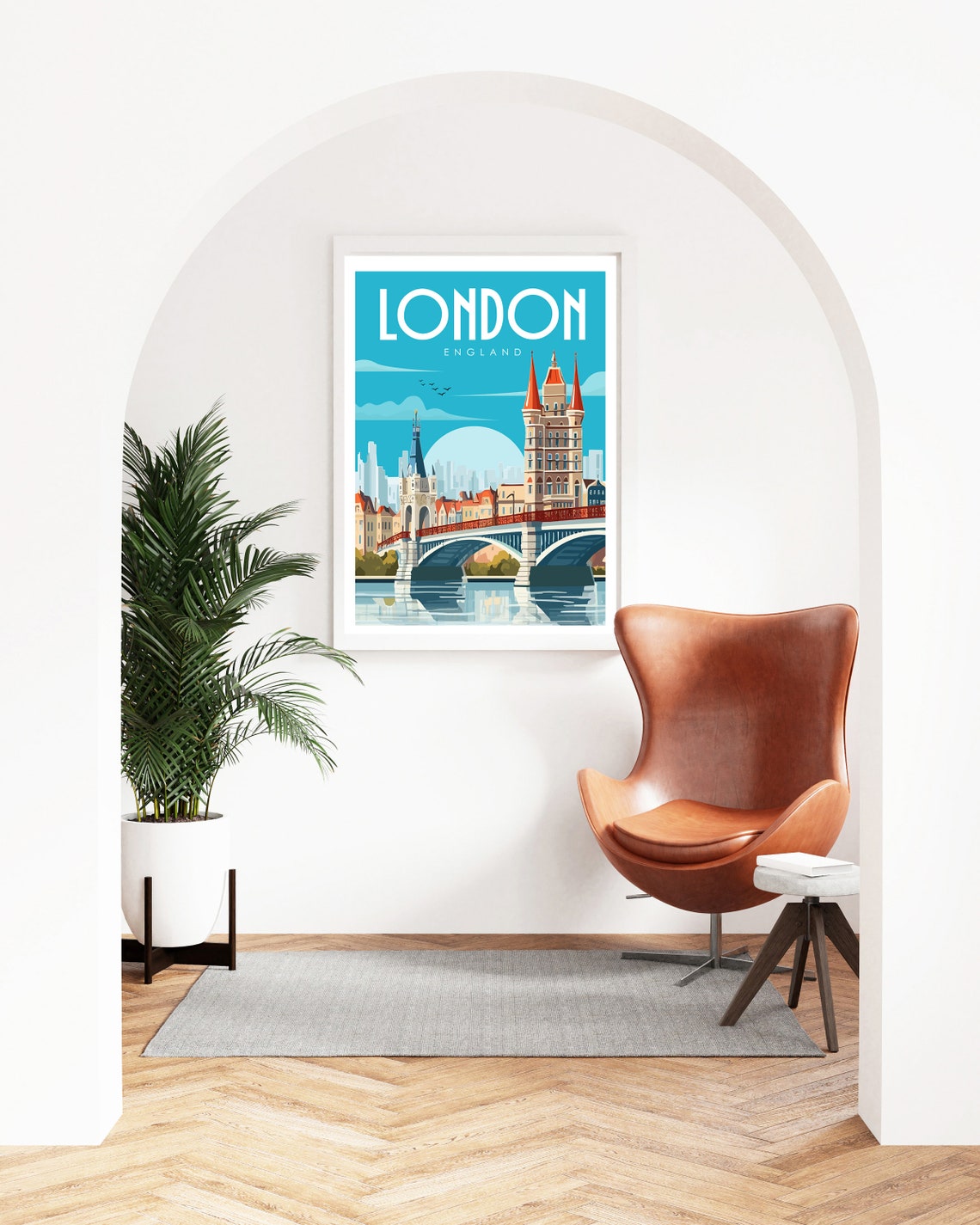 London England Red Spired Bridge River Skyline Retro Travel Poster - Image 3