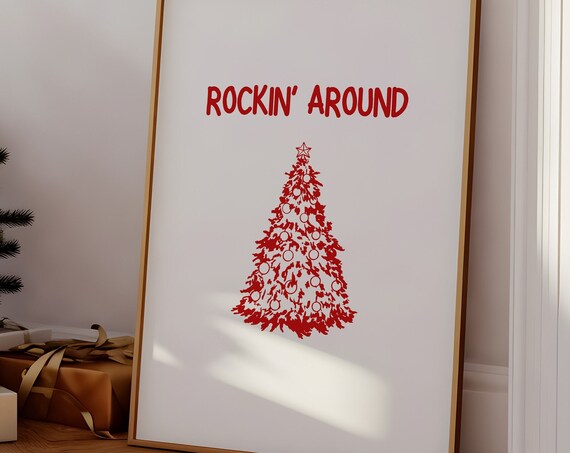 Rockin' Around Red Christmas Tree Minimal Festive Holiday Poster