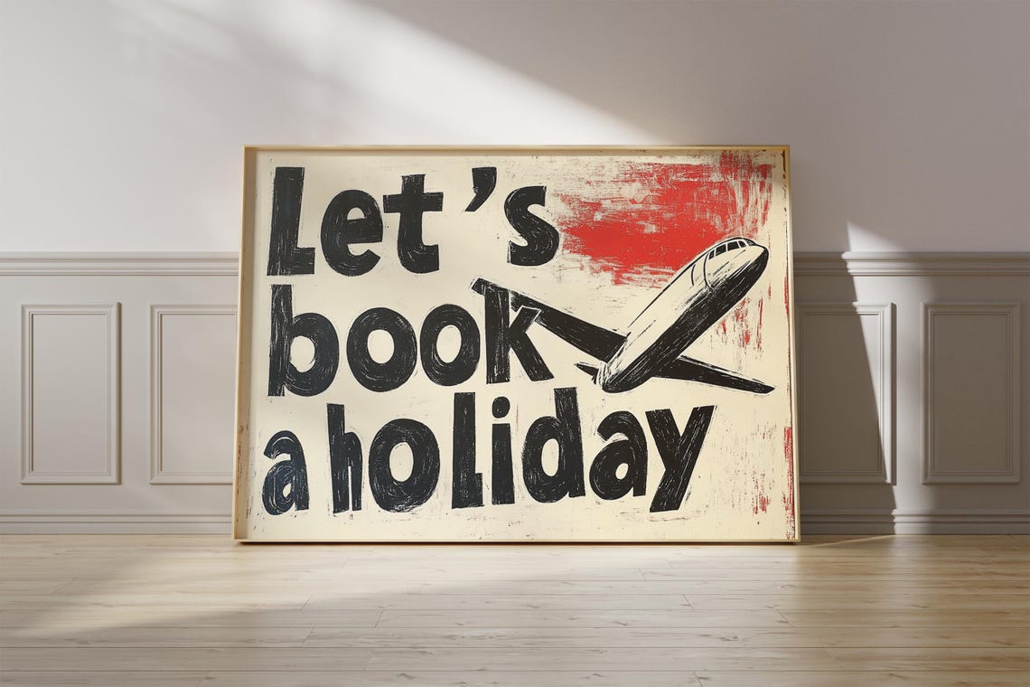 Lets Book A Holiday Vintage Airplane Distressed Retro Travel Poster - Image 2
