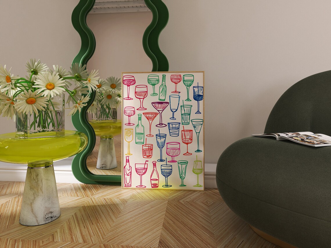 Retro Wine Glasses Art Print, Maximalist Decor - Image 3