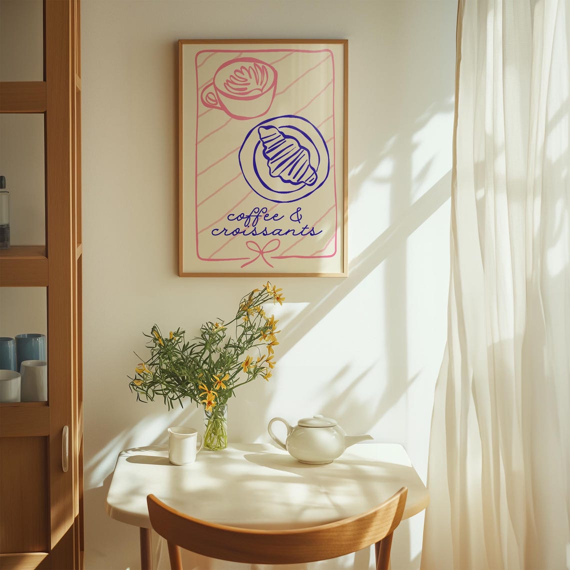 Coffee and Croissants Pink Blue Line Art French Cafe Kitchen Poster - Image 3